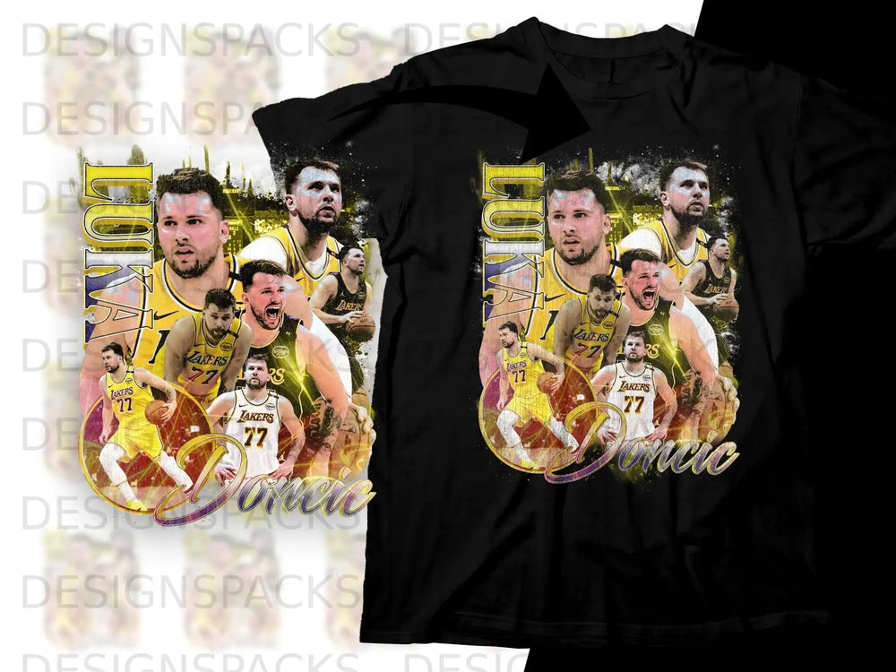Luka Doncic Lakers t-shirt design with team graphics and action shots.
