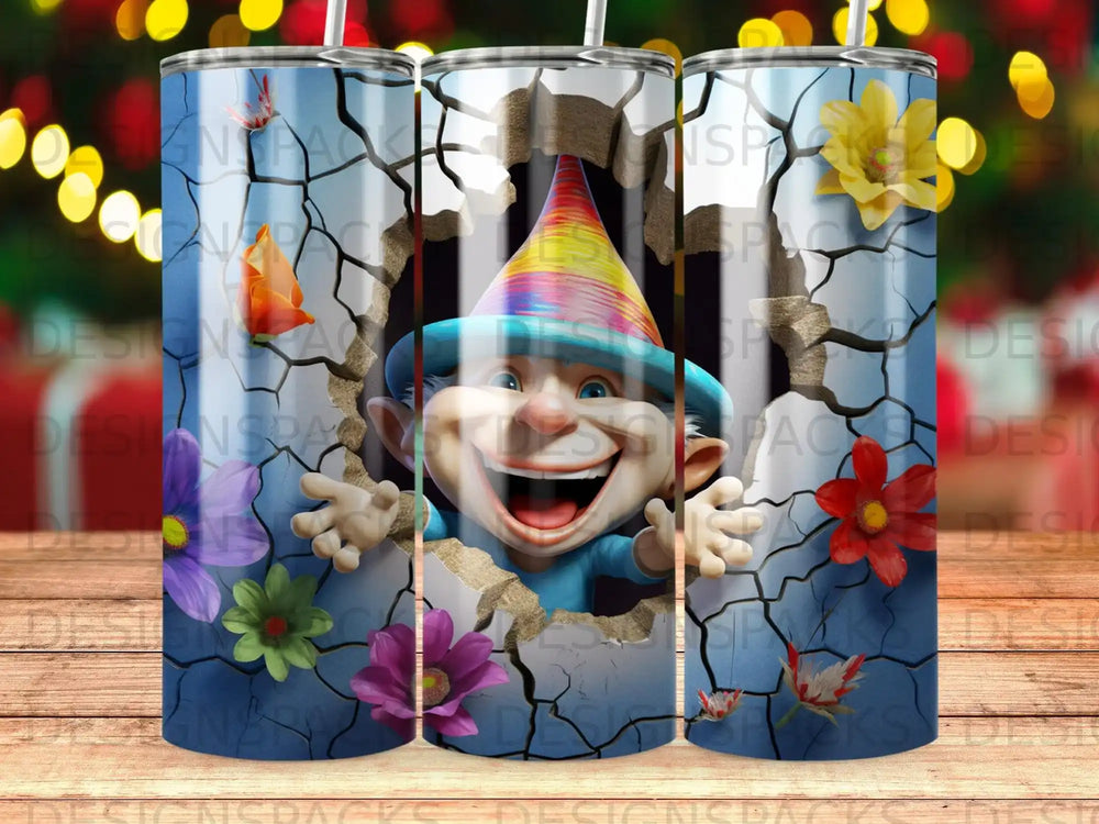 Troll character with party hat breaking through a cracked wall, surrounded by flowers.
