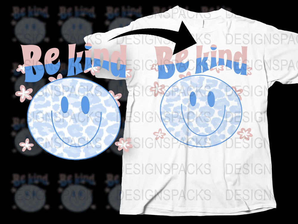 Be Kind Smile Face T-Shirt, Blue Camouflage Pattern, Positive Message, Unisex Fashion Tee