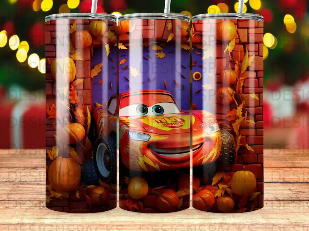 Lightning McQueen with pumpkins and autumn leaves on a brick background.