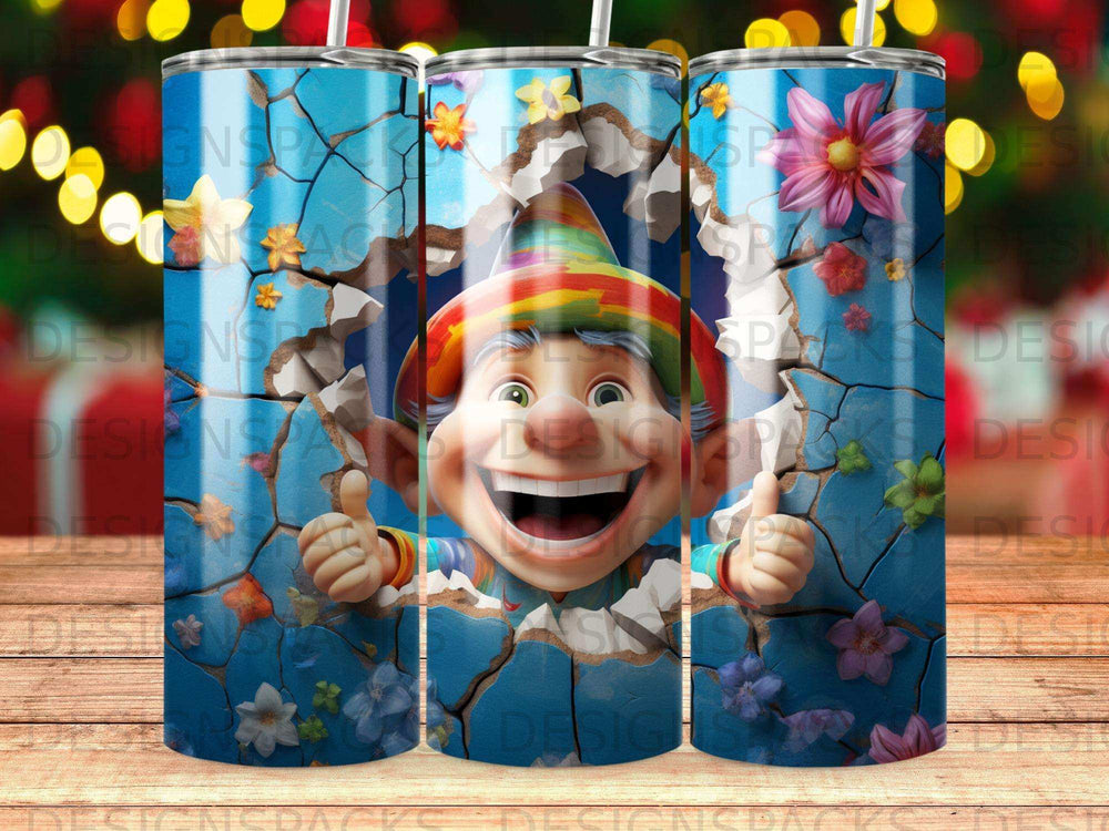 Cartoon character with large smile and thumbs up bursts through blue cracked wall.