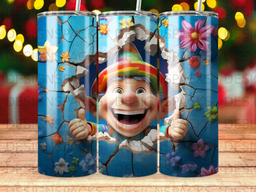 Cartoon character with large smile and thumbs up bursts through blue cracked wall.