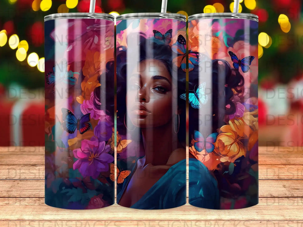 Woman's face surrounded by colorful flowers and butterflies.
