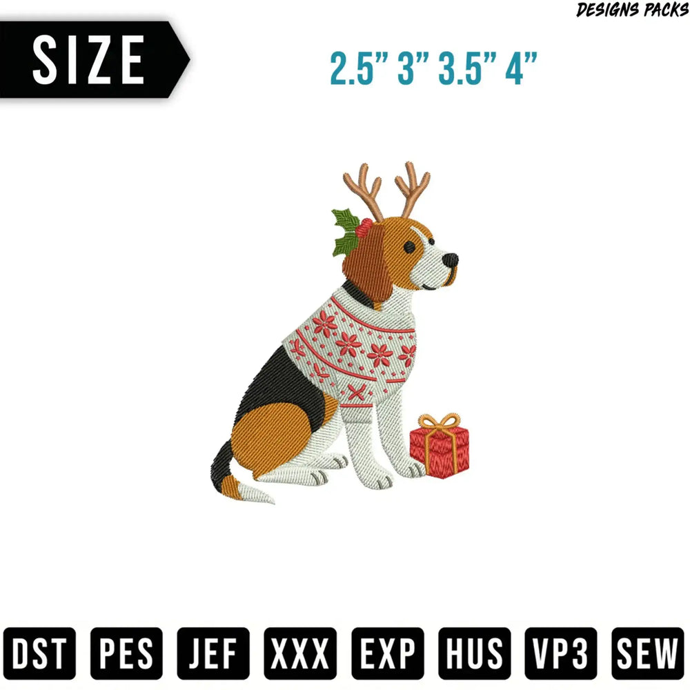 Beagle wearing holiday sweater with antlers, next to gift box.