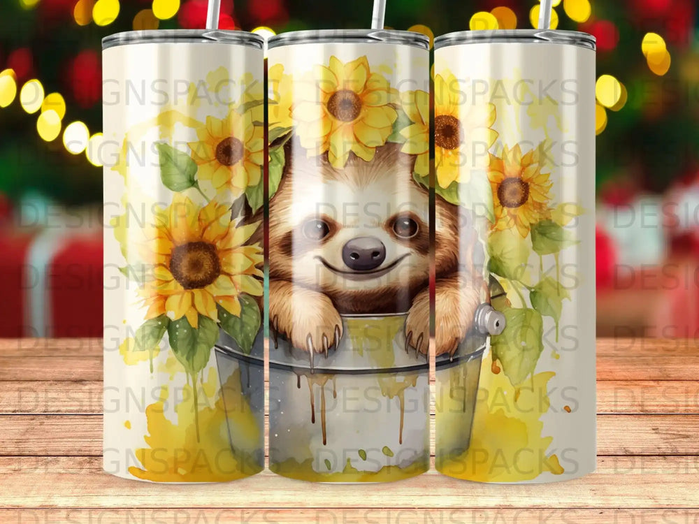 Sloth peeking over a bucket of sunflowers, surrounded by subtle watermark text.