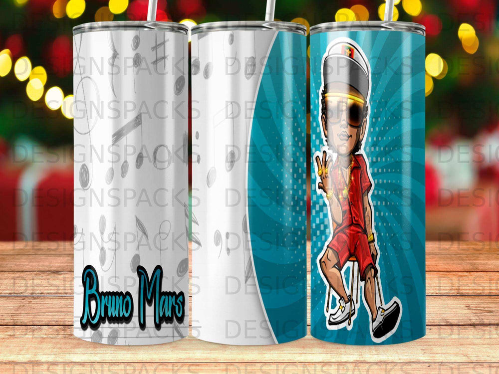 Bruno Mars illustration with geometric background on a tumbler.