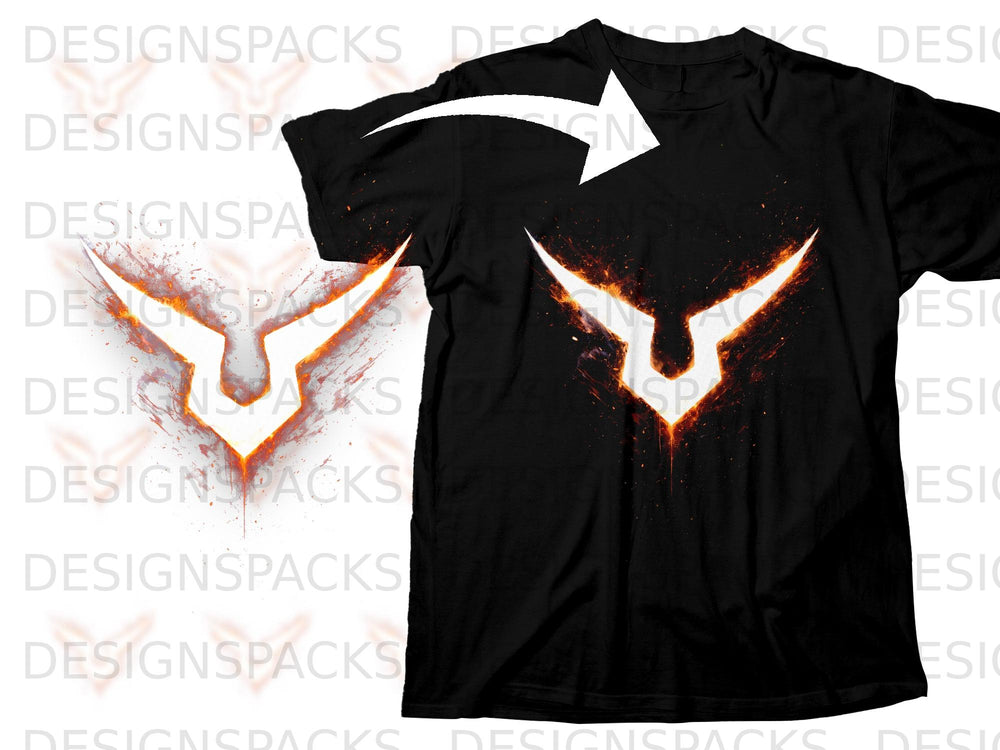 Black t-shirt with a white arrowhead and fiery orange symbol.