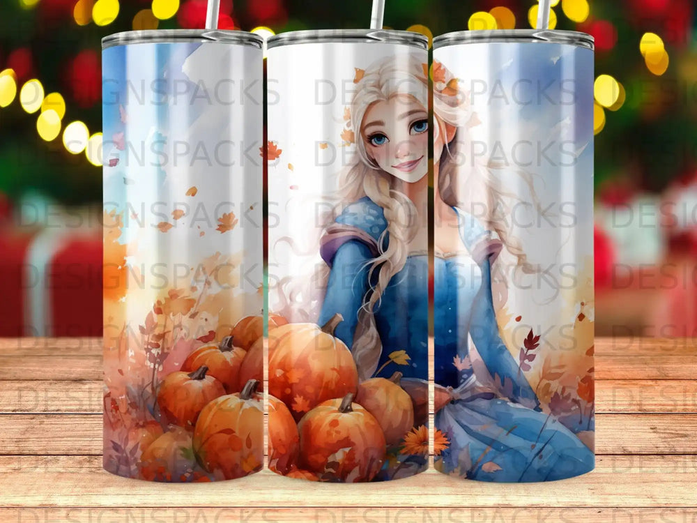 Princess with pumpkins and autumn leaves on a tumbler.
