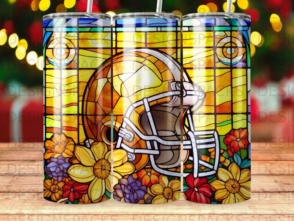 Stained glass football helmet with colorful flowers and holiday lights.