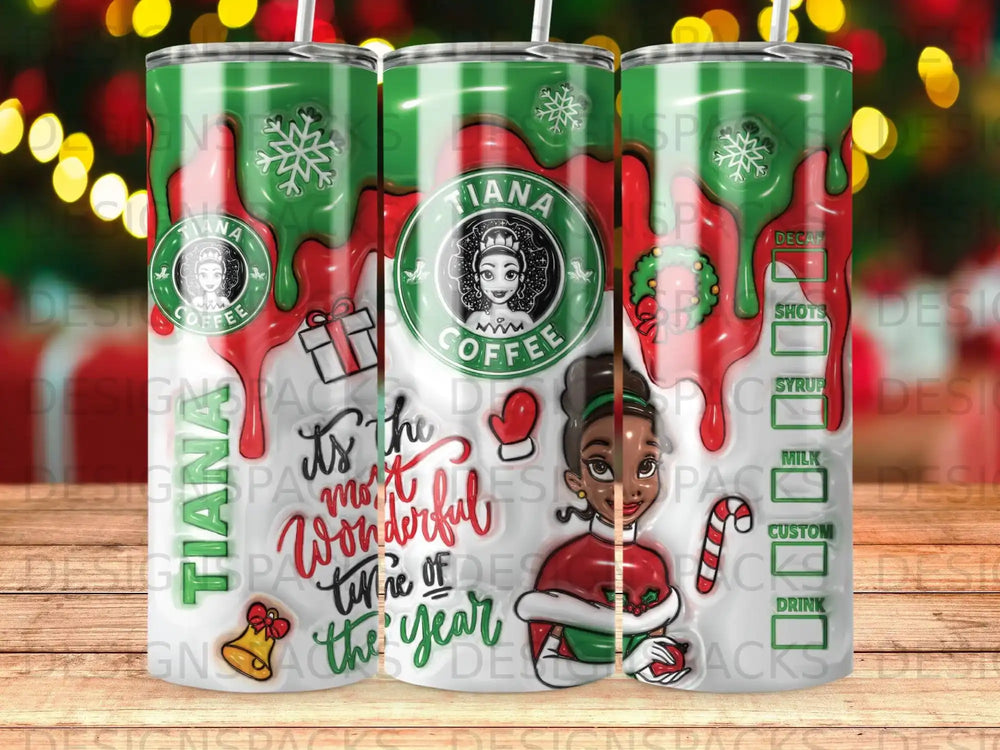 Tumbler with Tiana coffee logo, holiday graphics, and text "most wonderful time of the year".