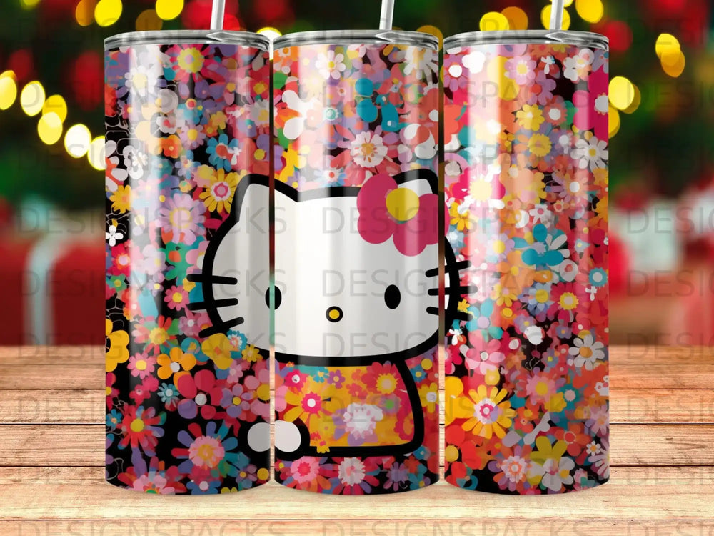 Hello Kitty on a black tumbler with colorful floral pattern.