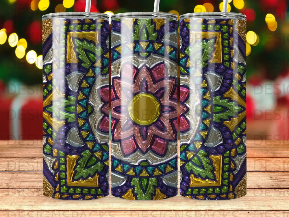 Stained glass mandala tumbler with metallic accents and purple glitter.