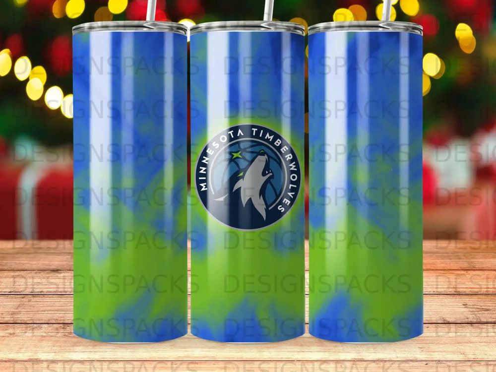 Minnesota Timberwolves logo on a blue and green gradient tumbler.