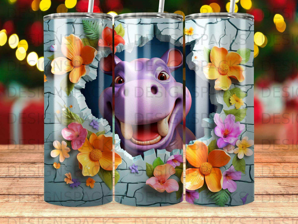 Cartoon hippo peeking through a brick wall with flowers.