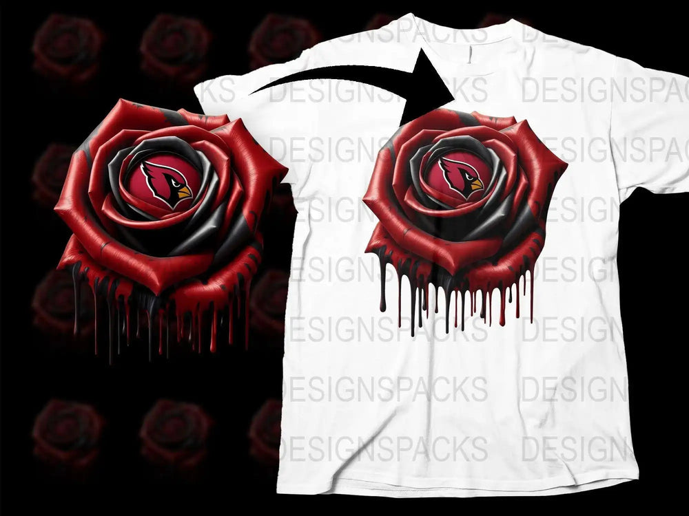 Arizona Cardinals Inspired Rose Graphic T-Shirt, Vibrant Red Dripping Design, Sports Fan Apparel
