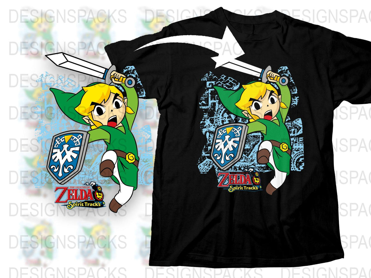 Zelda Spirit Tracks T-Shirt, Link with Sword and Shield Graphic Tee, Video Game Inspired Apparel, Collector's Edition Shirt
