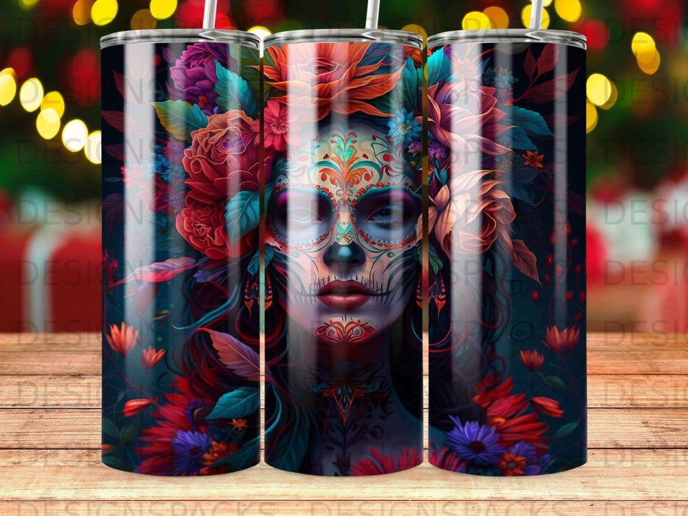 Day of the Dead sugar skull woman with floral headdress.