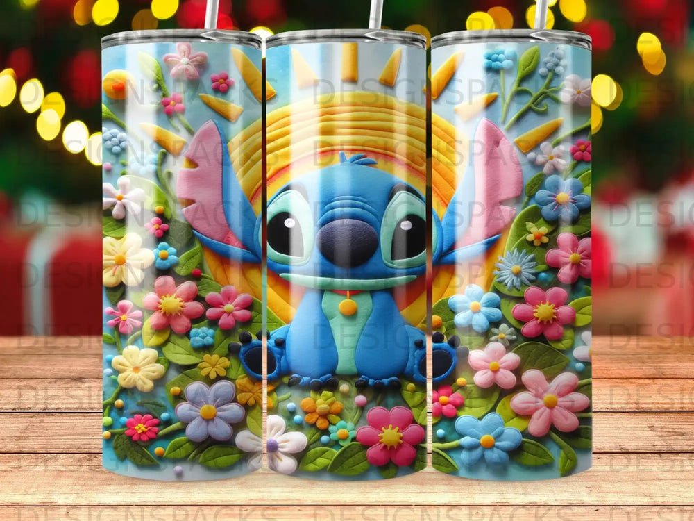 Stitch in a field of colorful flowers with sun and bokeh lights.
