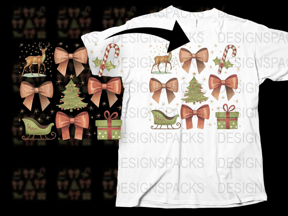 Christmas T-Shirt with Holiday Graphics, Reindeer, Trees, and Gifts Design, Festive Winter Apparel