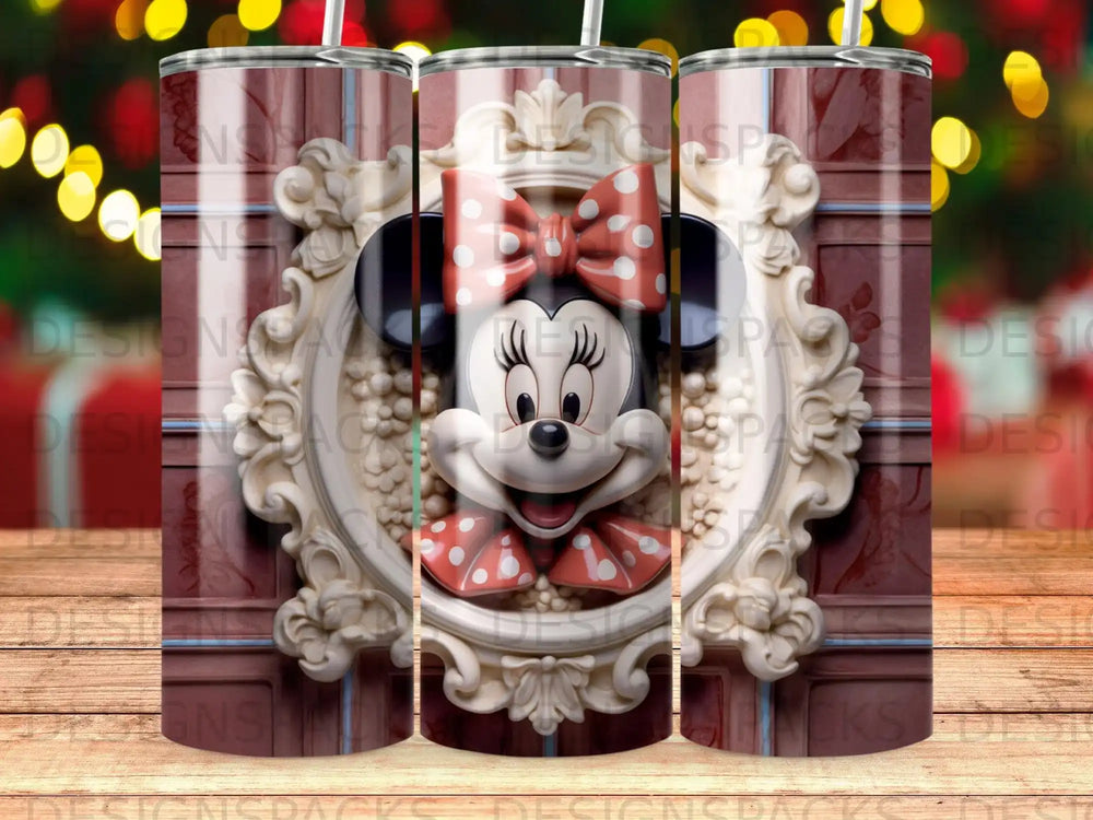 Minnie Mouse in a decorative frame with a red and white polka dot bow.