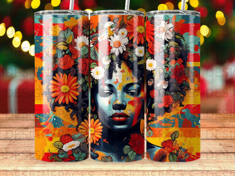 Woman with floral headdress on colorful abstract background.