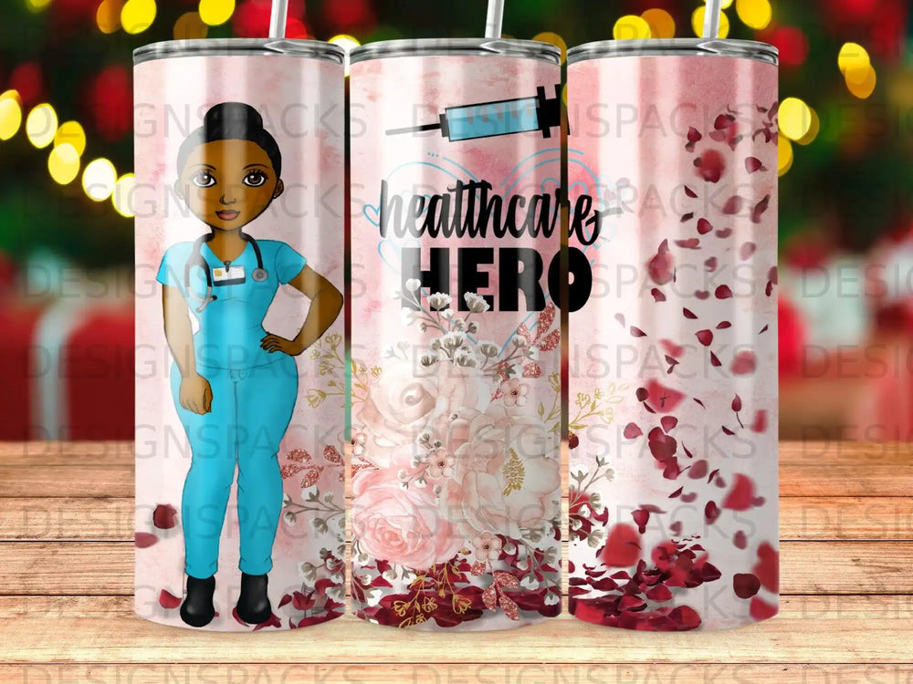 Healthcare hero tumbler with stethoscope and syringe graphics.