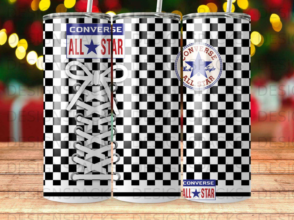 Three Converse All Star tumblers with checkerboard and shoelace patterns.