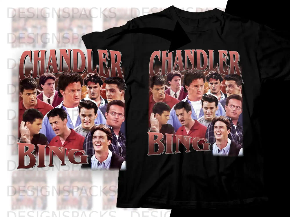 Chandler Bing graphic tee with cast of Friends in background.