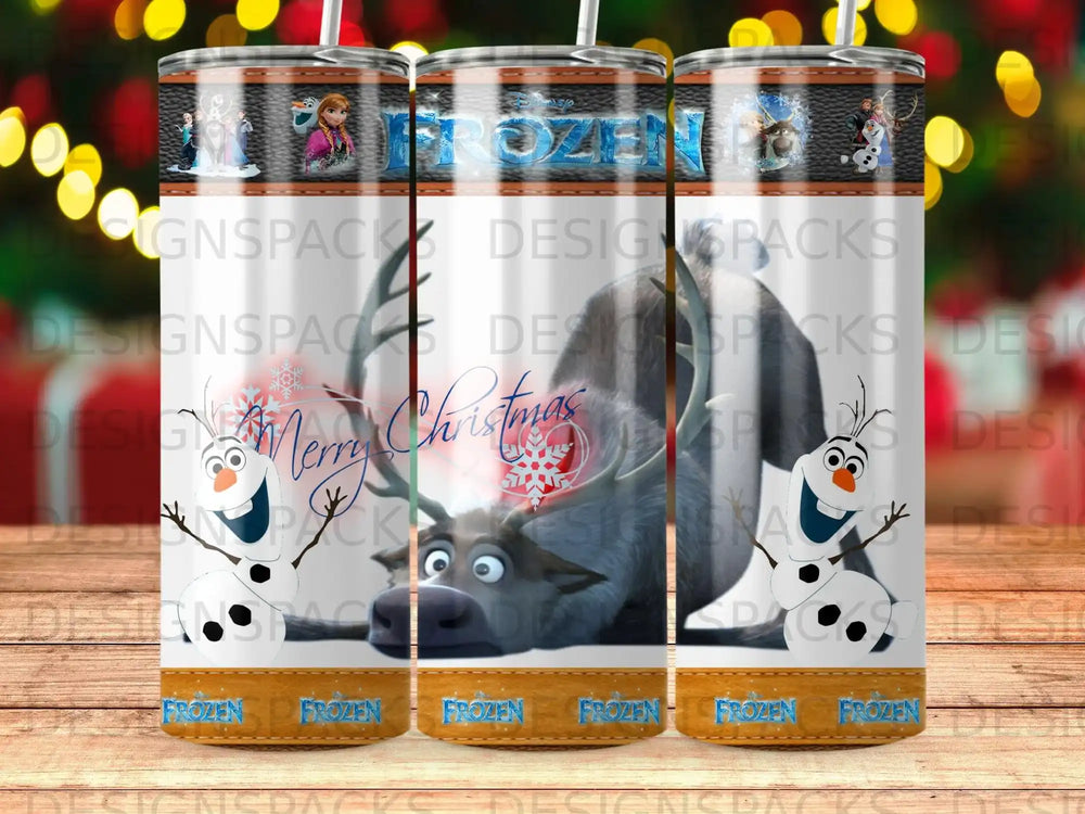 Frosted tumbler with Disney Frozen characters, Merry Christmas text, and snowflakes.