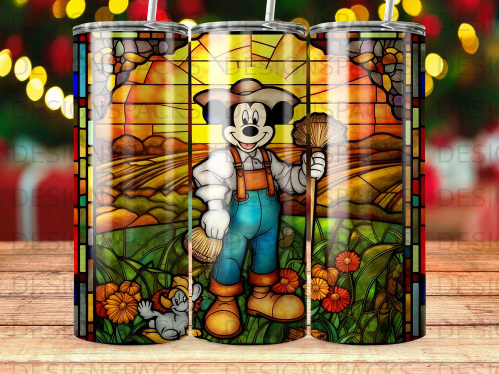 Mickey Mouse in overalls holding broom in stained glass field background.