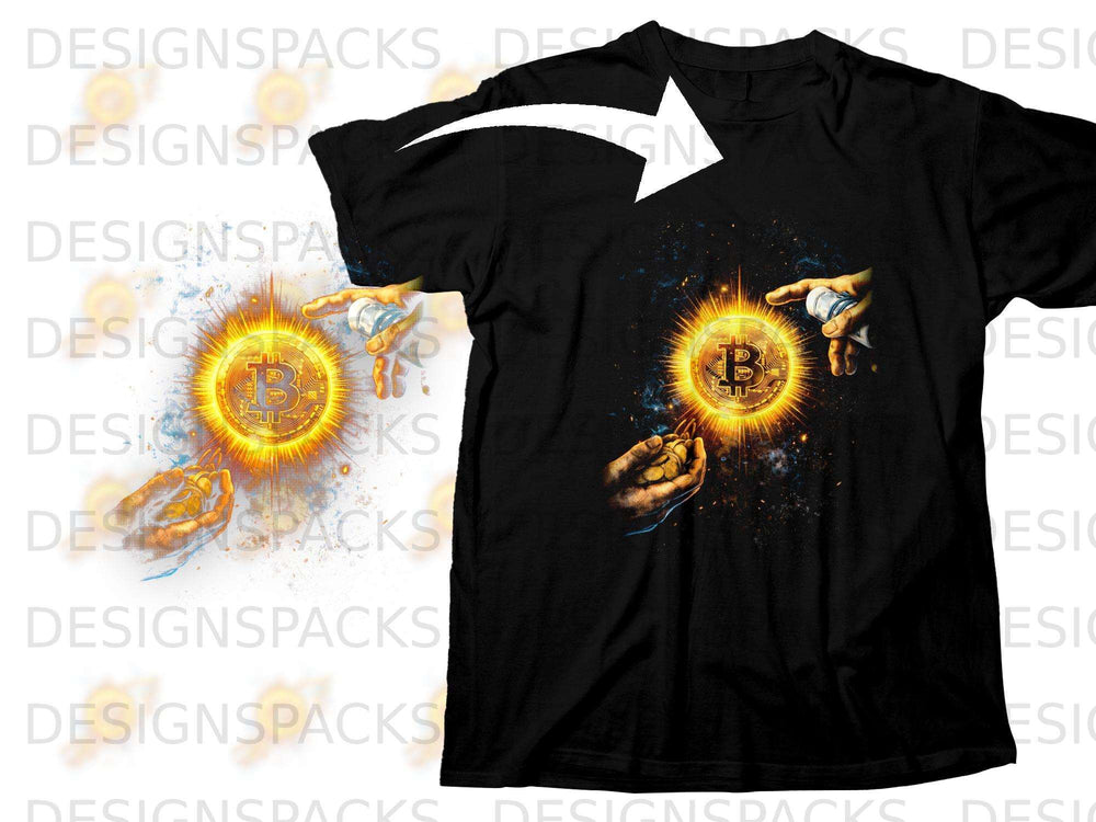 Black t-shirt with a Bitcoin sun graphic and hands holding Bitcoin.