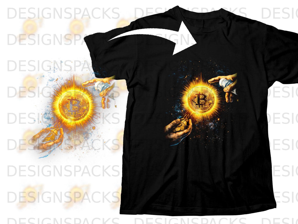Black t-shirt with a Bitcoin sun graphic and hands holding Bitcoin.
