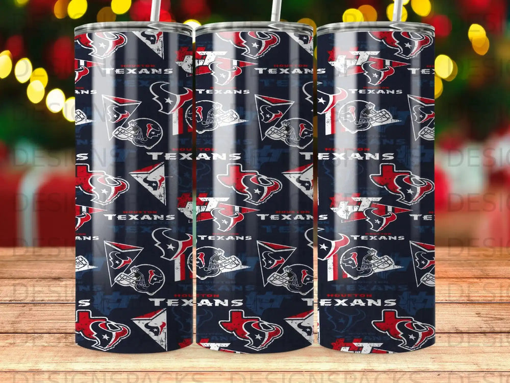 Houston Texans logo pattern on three cylindrical tumblers.