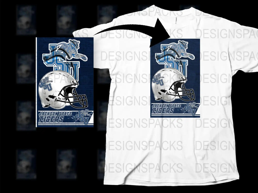 Jackson State Tigers Football Helmet Graphic T-Shirt, Blue and White Sports Fan Apparel