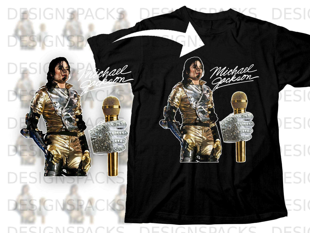 Michael Jackson in gold costume with microphone on black t-shirt.