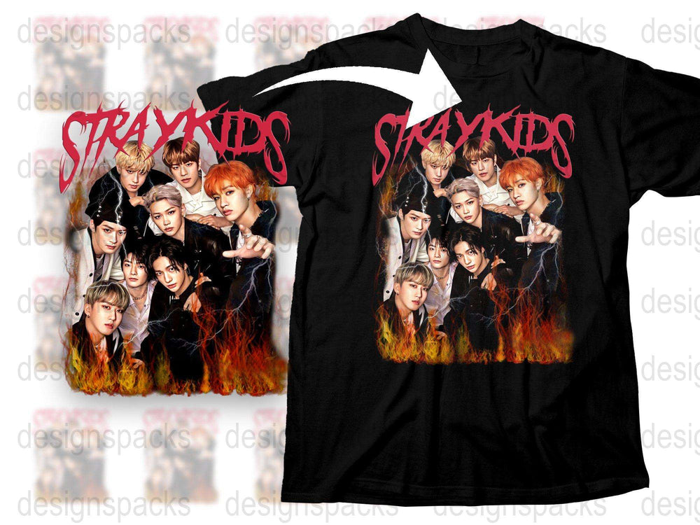Stray Kids Band Graphic T-Shirt, K-Pop Music Group Tee, Fire Design, Fan Merchandise, Unisex Black Shirt