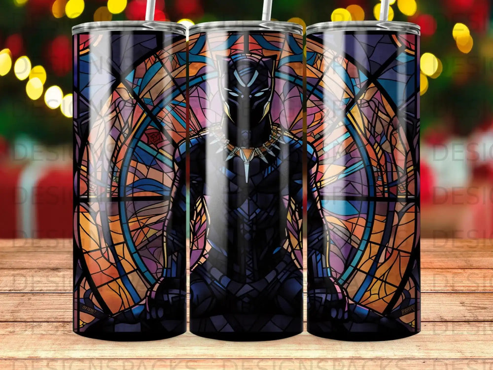 Black Panther stained glass art on a tumbler.