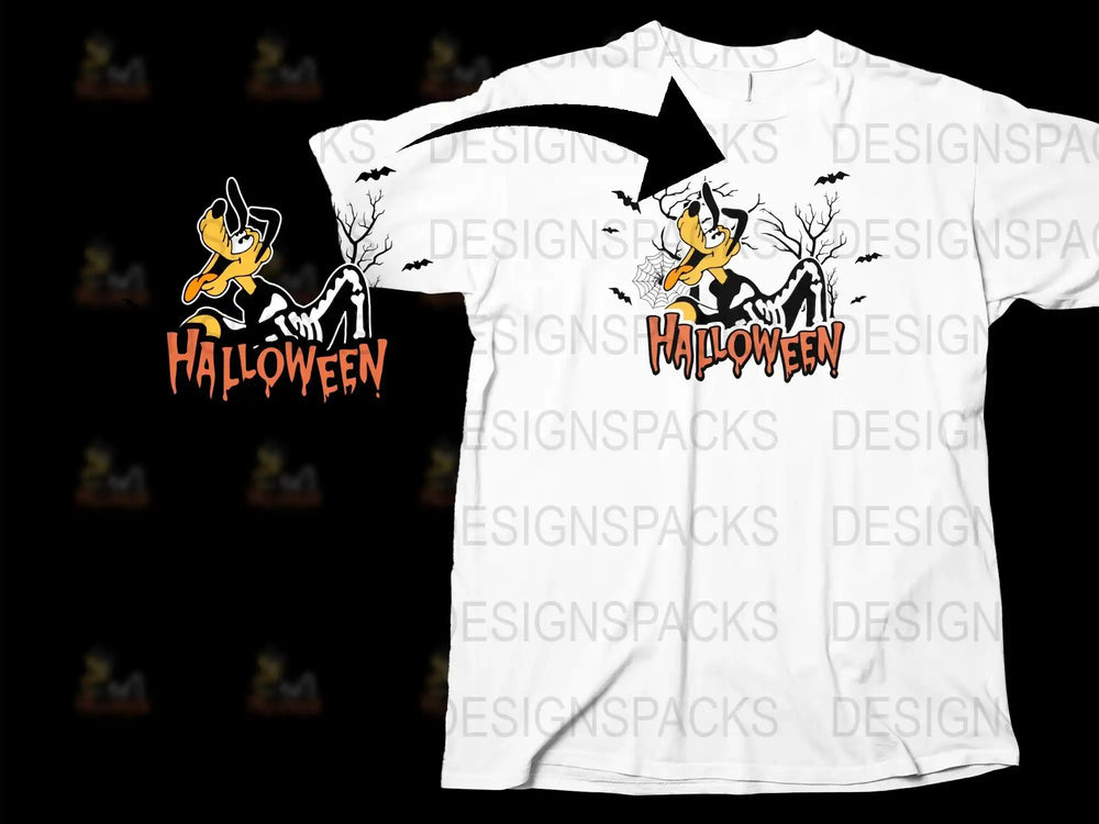 Halloween Themed T-Shirt, Witch and Broomstick Design, Spooky Trees, Black and White Tee