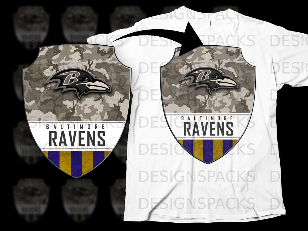 Baltimore Ravens logo on a shield with camouflage and stripes, shown on a white t-shirt.