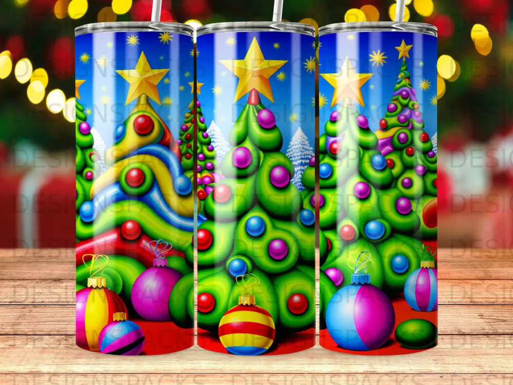 Christmas trees decorated with ornaments, baubles, and stars on a blue background.