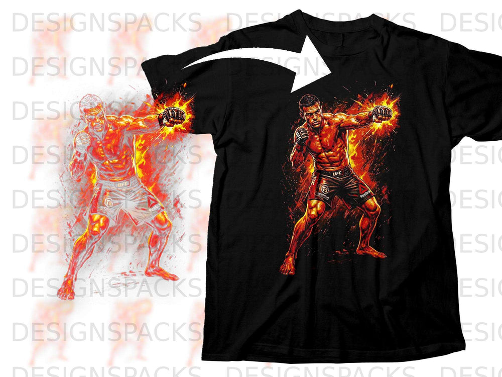 Black t-shirt with a dynamic illustration of a fighter surrounded by fire.