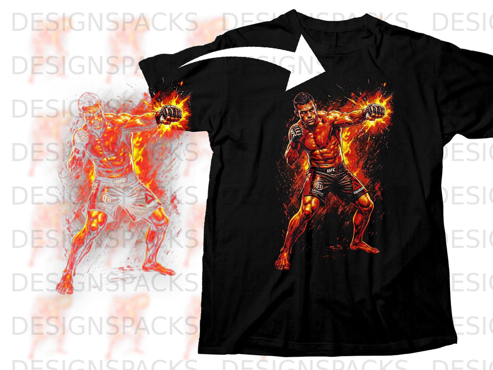 Black t-shirt with a dynamic illustration of a fighter surrounded by fire.