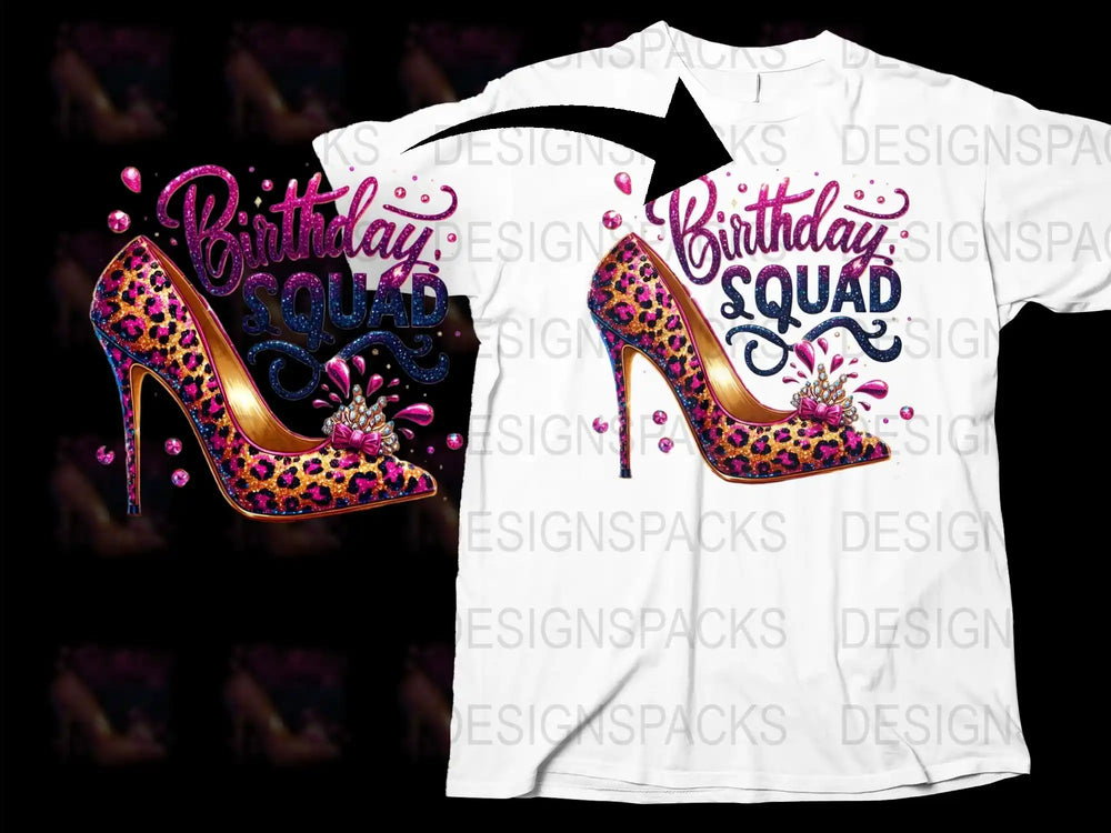 Birthday Squad T-Shirt, High Heel Graphic, Sparkly Pink and Blue, Party Celebration Top, Fun Birthday Outfit Idea