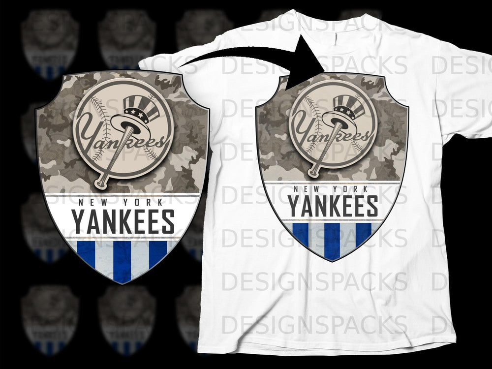 New York Yankees shield logo with camouflage and blue stripes, on white t-shirt.
