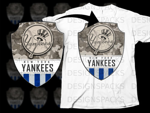 New York Yankees shield logo with camouflage and blue stripes, on white t-shirt.