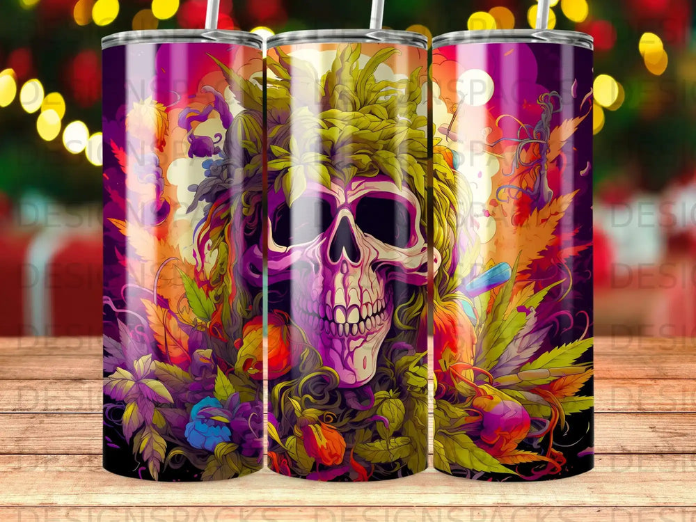 Skull with foliage and floral elements in vibrant, psychedelic colors.
