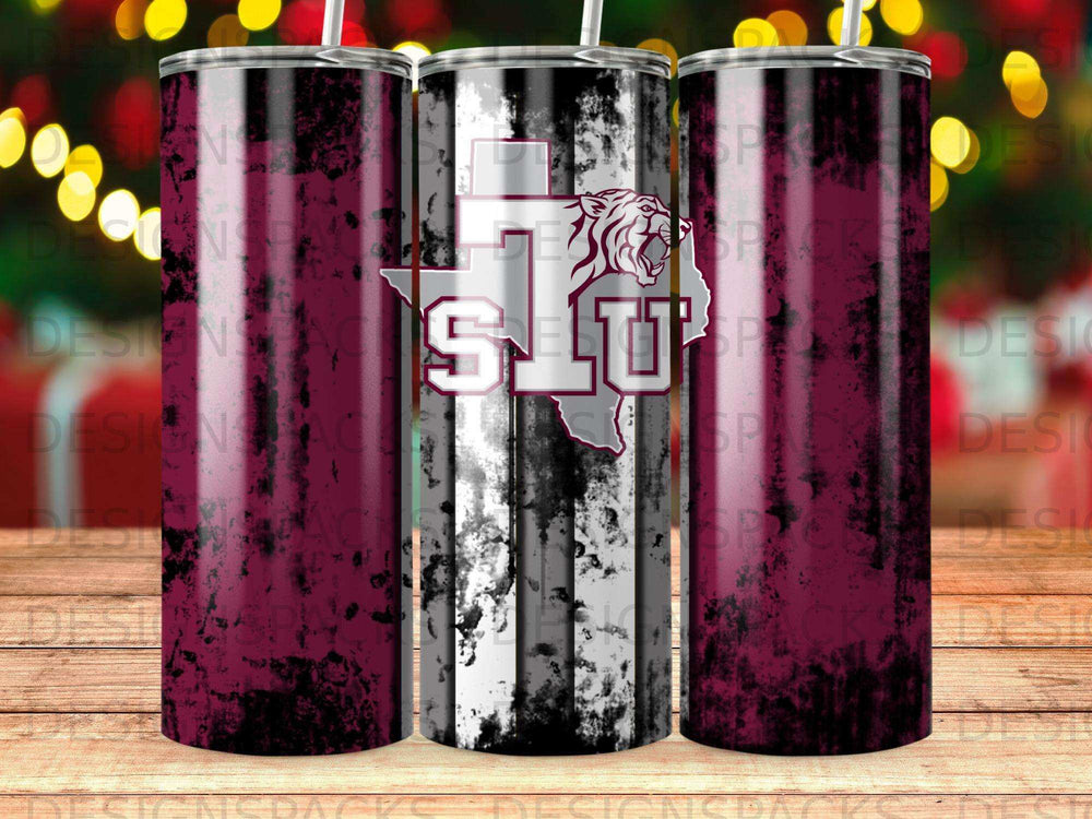 Maroon and white striped tumbler with a university logo.