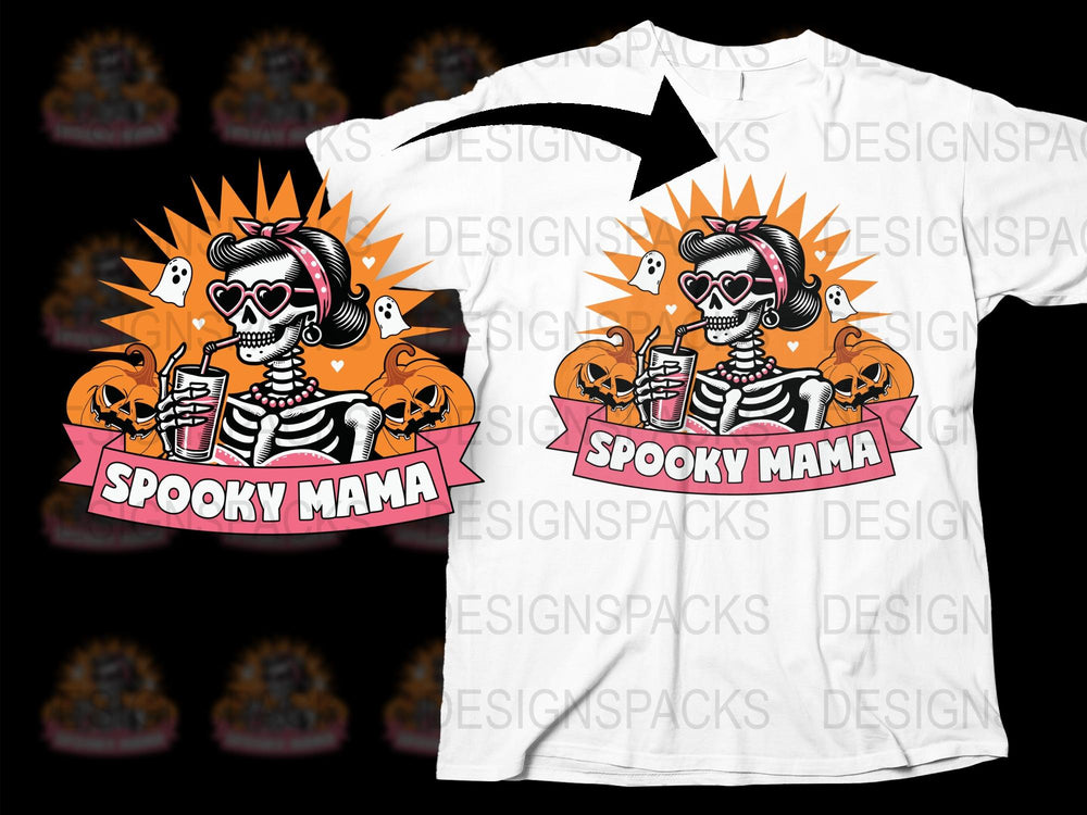 Spooky Mama T-Shirt, Skeleton Drinking Coffee, Halloween Graphic Tee, Women's Fashion, Unique Holiday Gift, Black and White Shirt