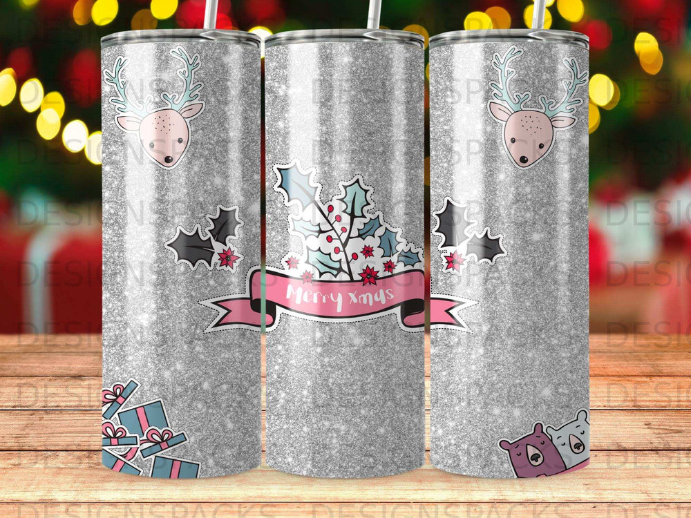 Silver glitter tumbler with reindeer and "Merry Xmas" ribbon graphic.