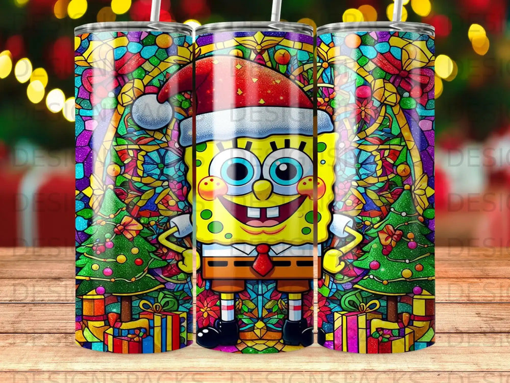SpongeBob SquarePants wearing a Santa hat with stained glass and presents.